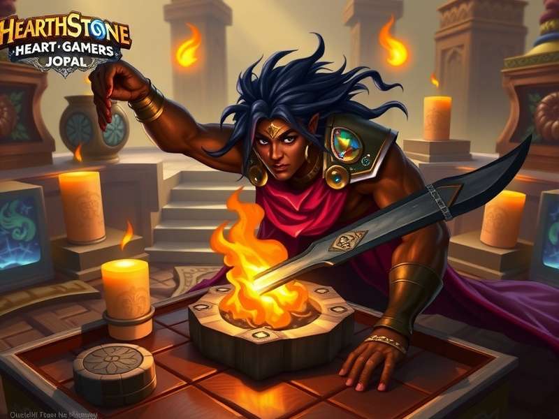 Hearthstone कार्ड गेम का टेबलटॉप दृश्य, कार्ड और खिलाड़ी हाथ