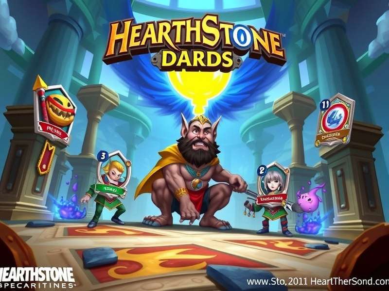 हर्थस्टोन कार्ड गेम टेबल पर फैले हुए, रंगीन कार्ड और पासा दिख रहे हैं